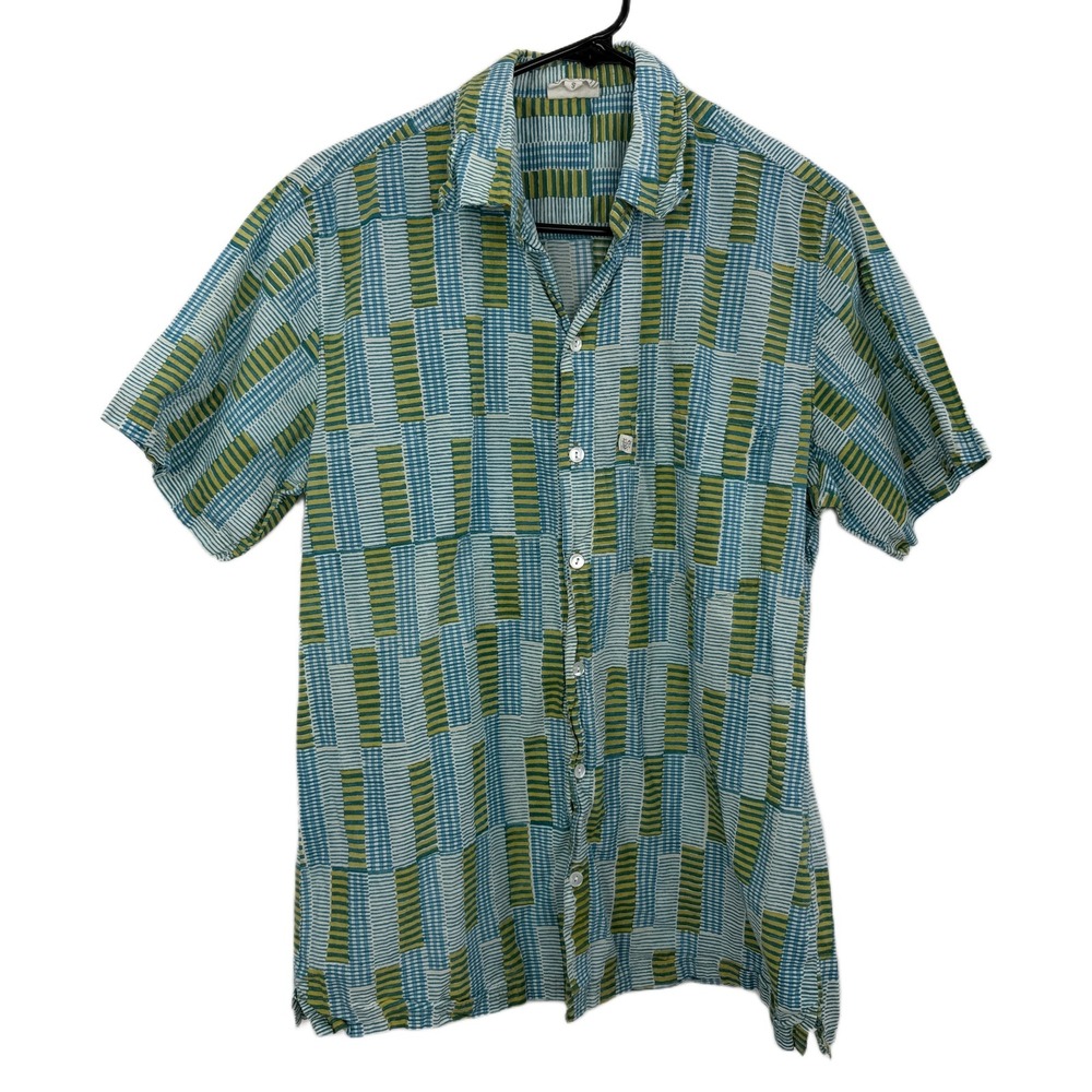 Anokhi Shirt Mens Small Blue Short Sleeve Button Up Cotton Pattern Beach Outdoor